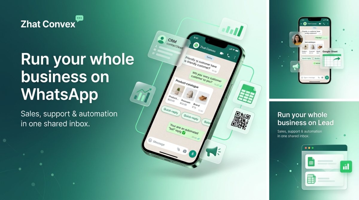 Zhat Convex running a business on WhatsApp — shared inbox with CRM, product catalogue, quick replies and automated bot responses