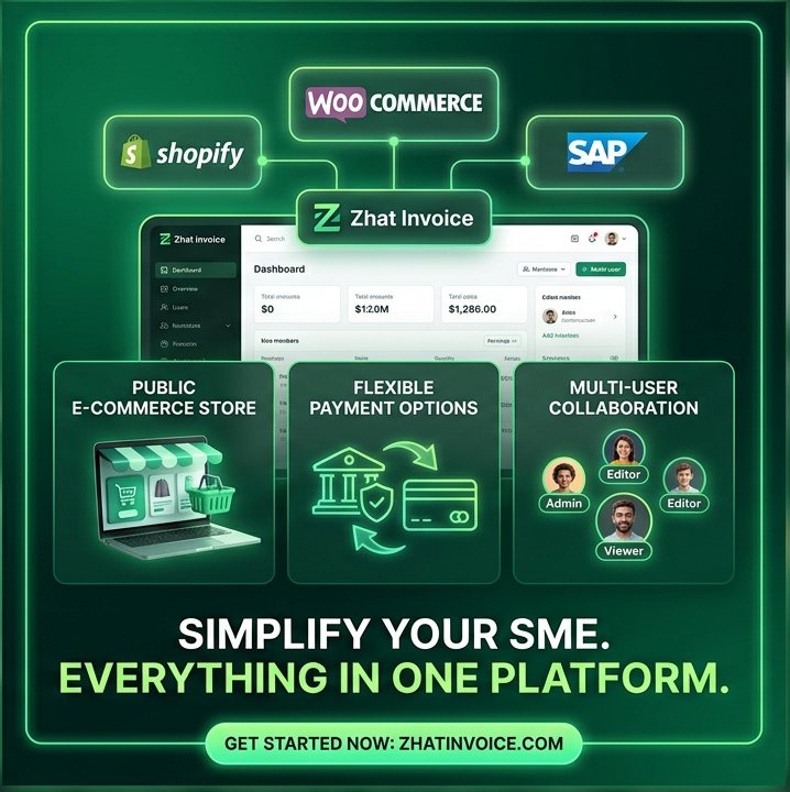 Zhat Invoice connecting to Shopify, WooCommerce and SAP, with its dashboard and three highlighted capabilities: a public e-commerce store, flexible payment options and multi-user collaboration